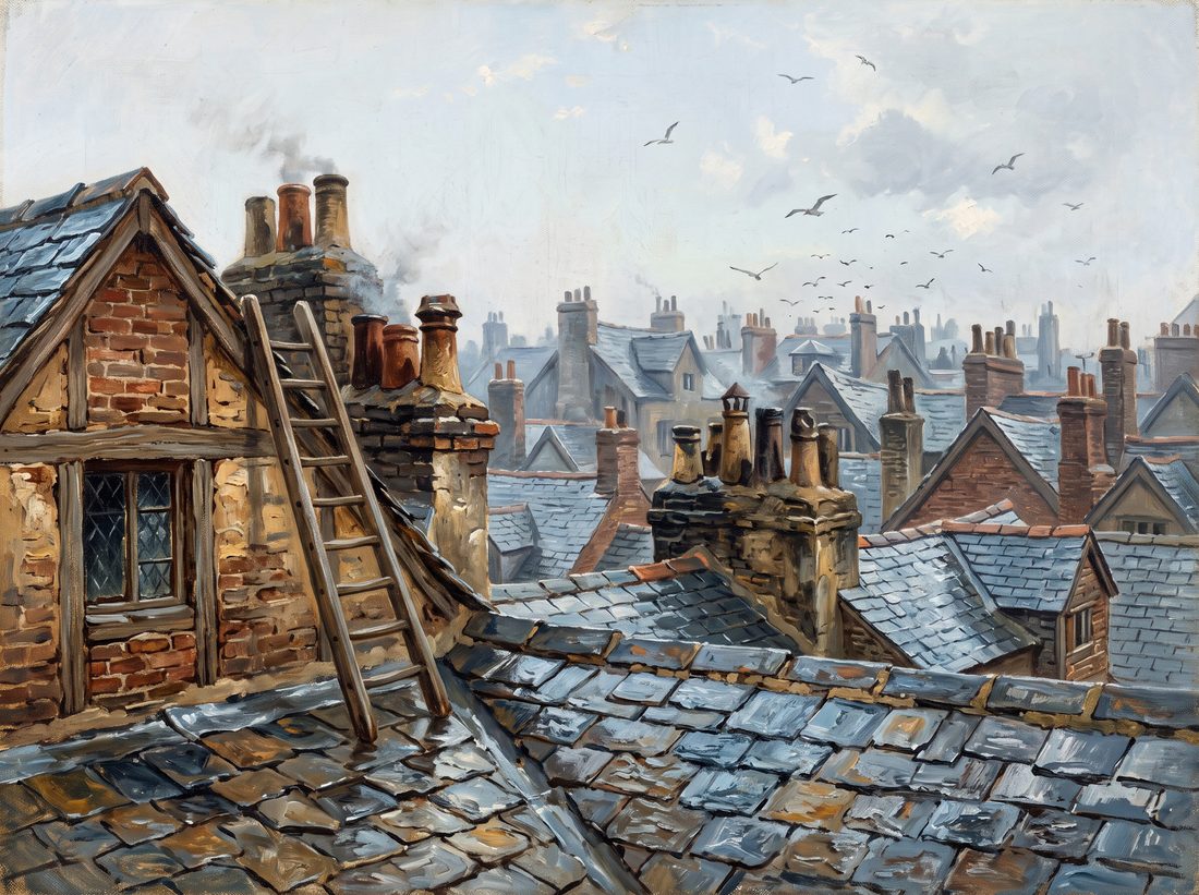Painting of wet slate rooftops and chimney pots with a ladder
