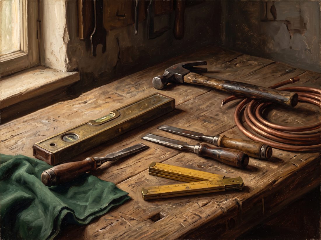 Painting of hand tools laid out on a workbench