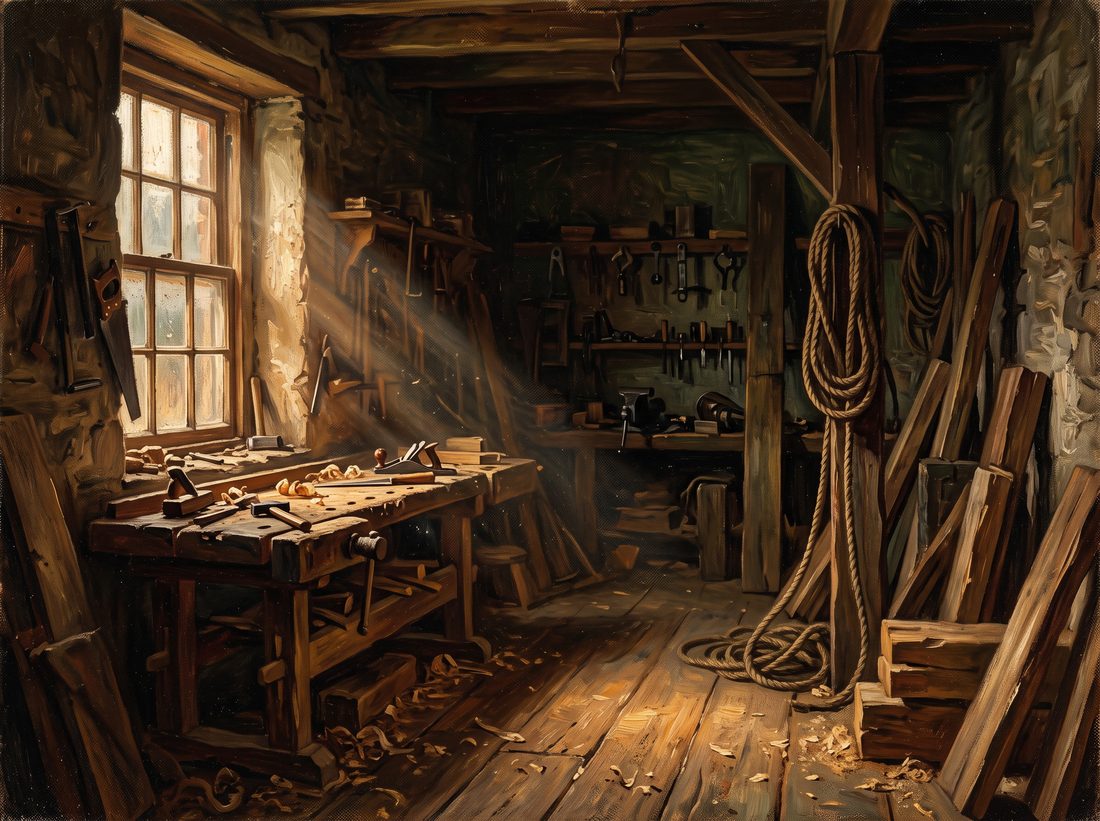 Painting of a workshop interior with light from a tall window